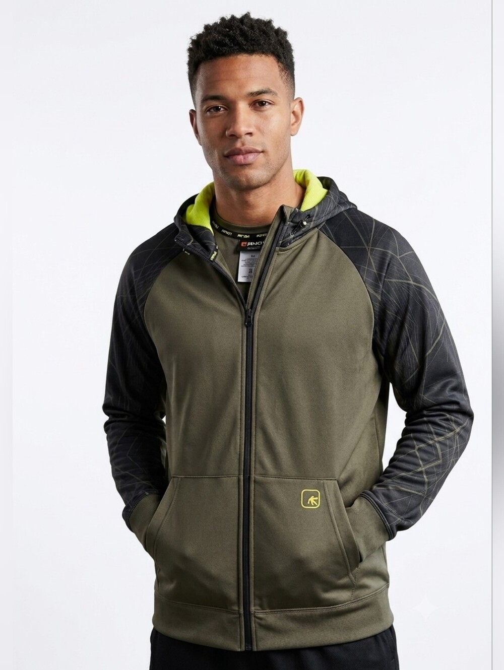 AND1 Mens Hoodie Performance Jacket Fleece Lined Zipper Army Green Black M